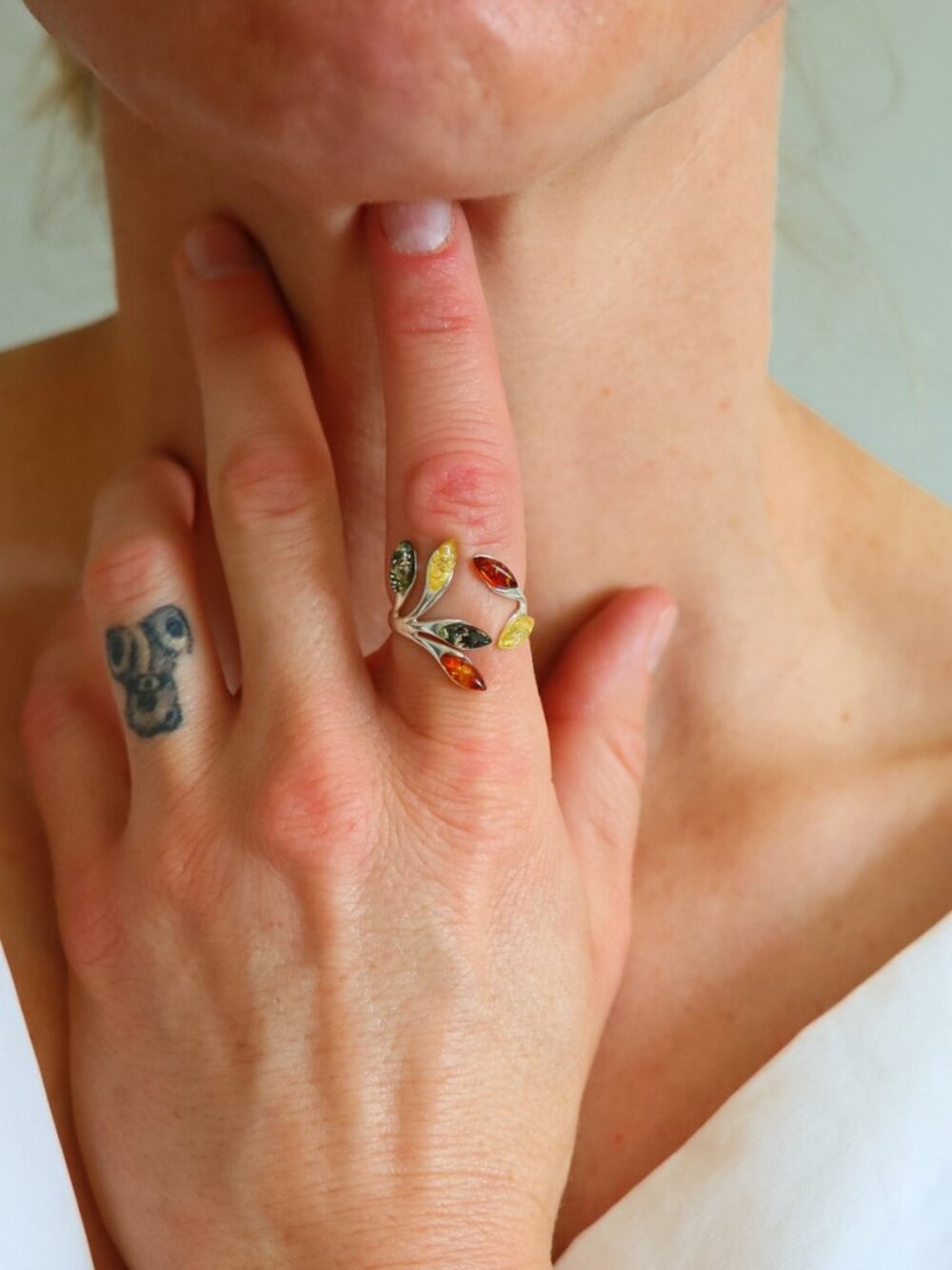 Baltic Amber Open Leaf Ring-Sterling Silver - Picture 2 of 5